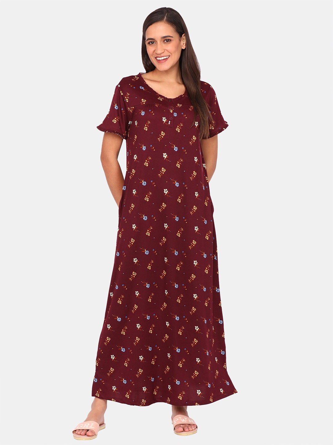 

Zivame Women Maroon Floral Printed Maxi Nightdress