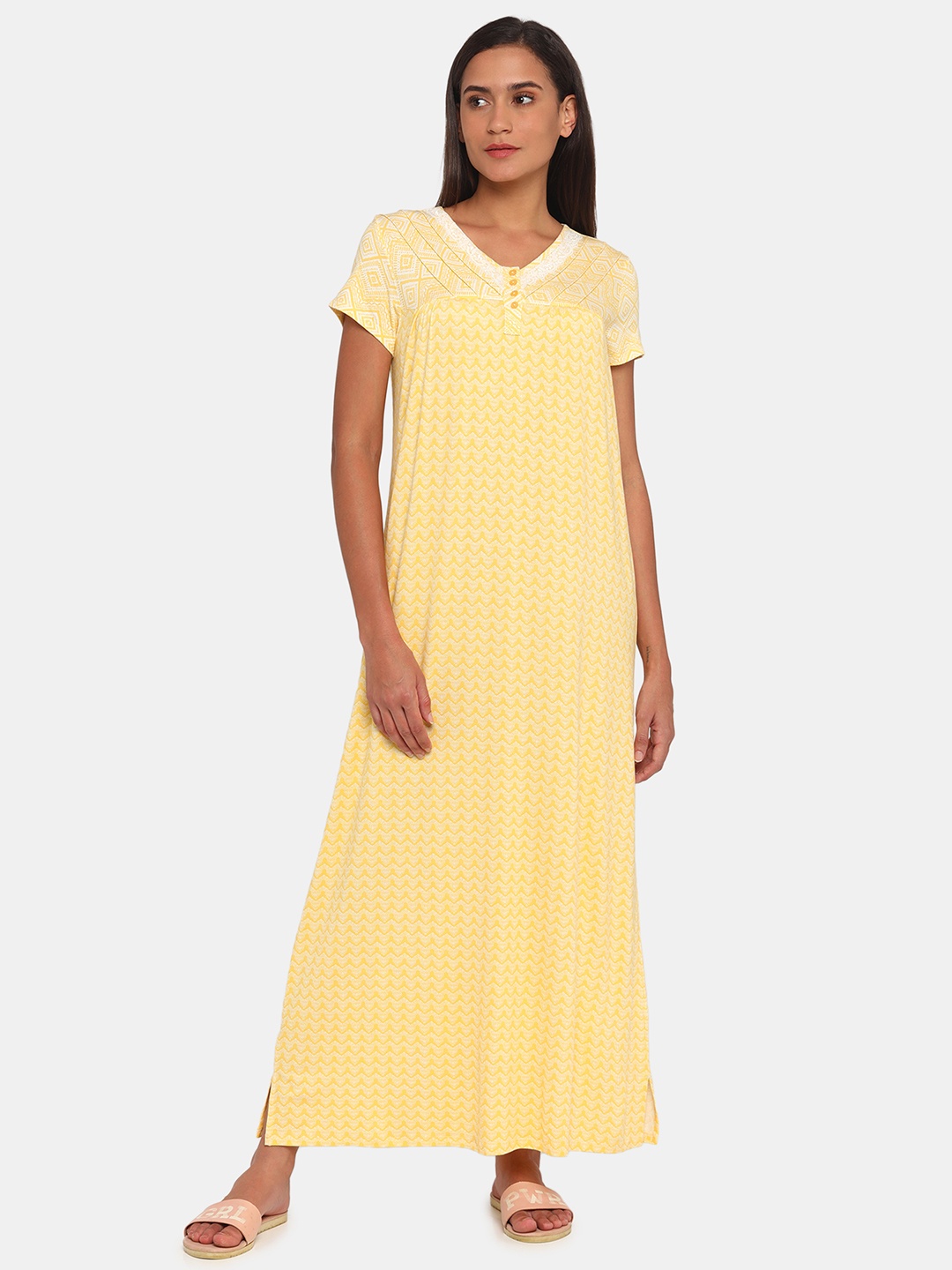 

Zivame Yellow Printed Maxi Nightdress