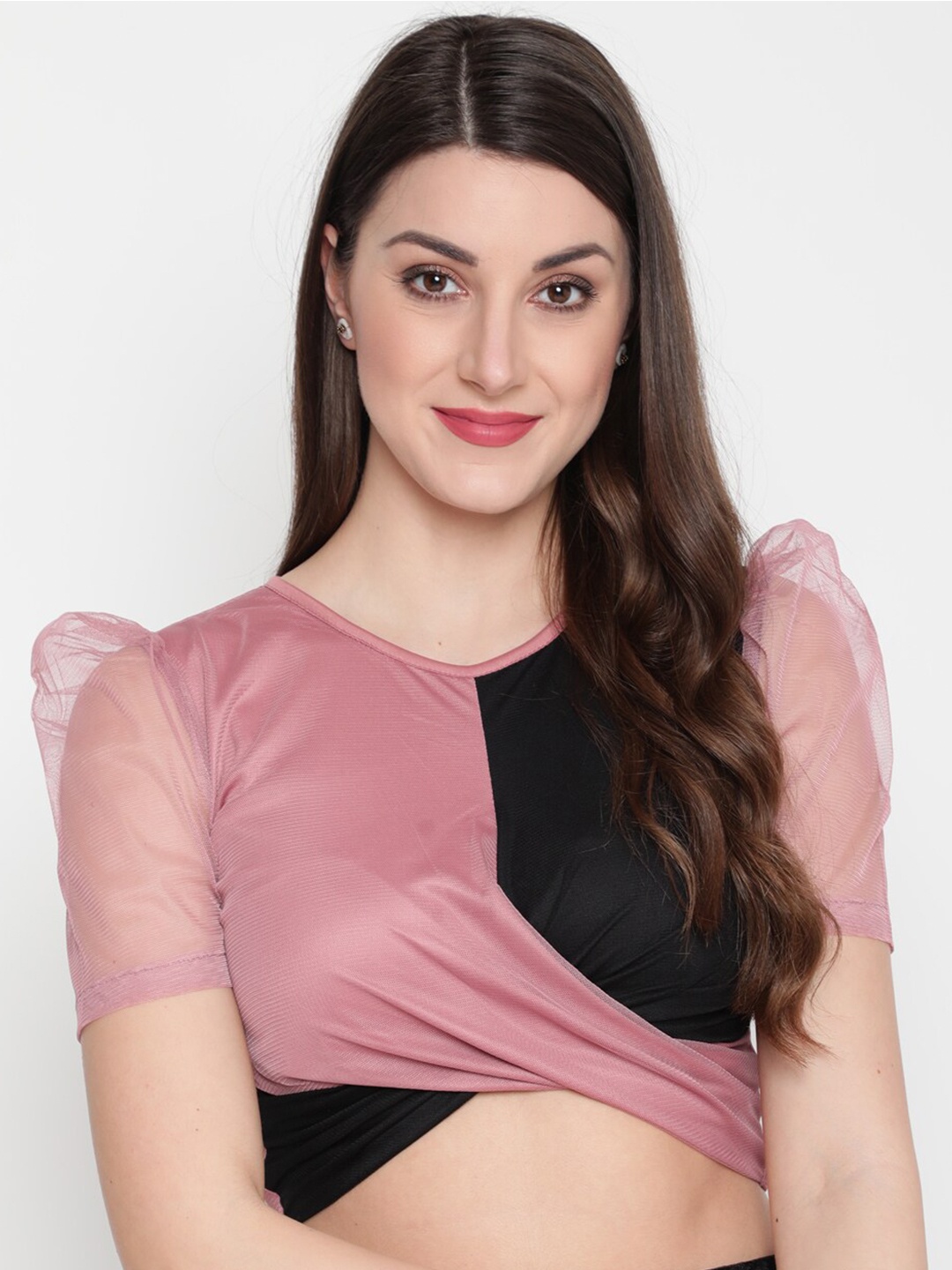 

AKIMIA Pink & Black Colourblocked Twisted Net Crop Top