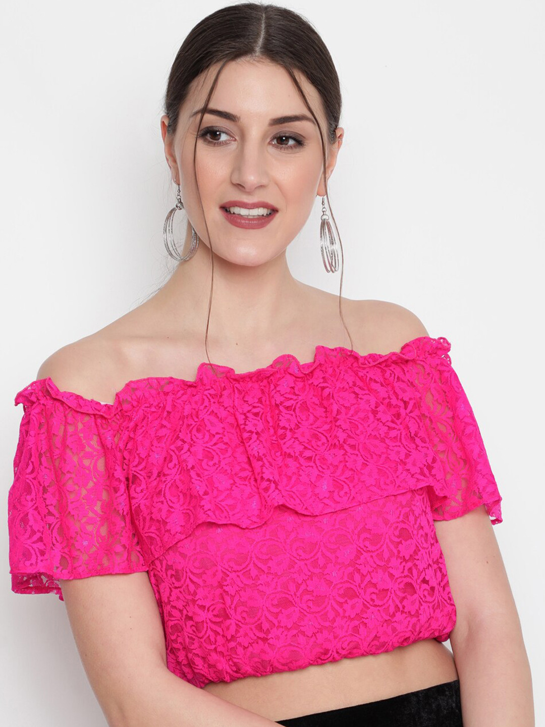 

AKIMIA Fuchsia Off-Shoulder Lace Bardot Crop Top