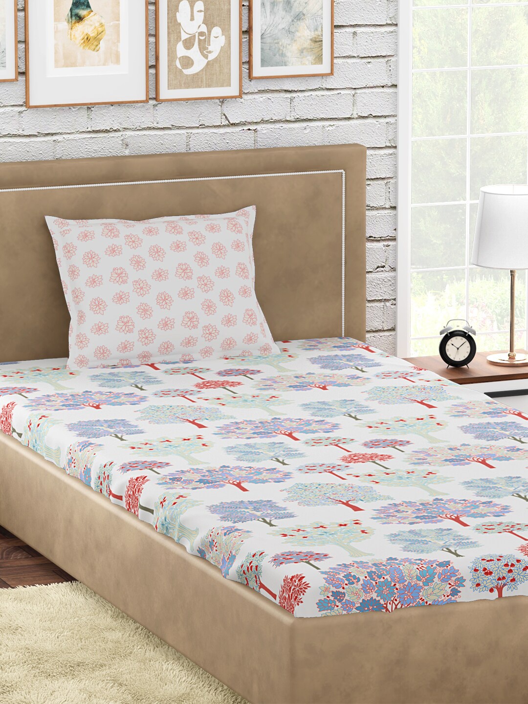 

PETAL HOME White & Blue Floral Printed Cotton 300 TC Single Bedsheet with 1 Pillow Cover