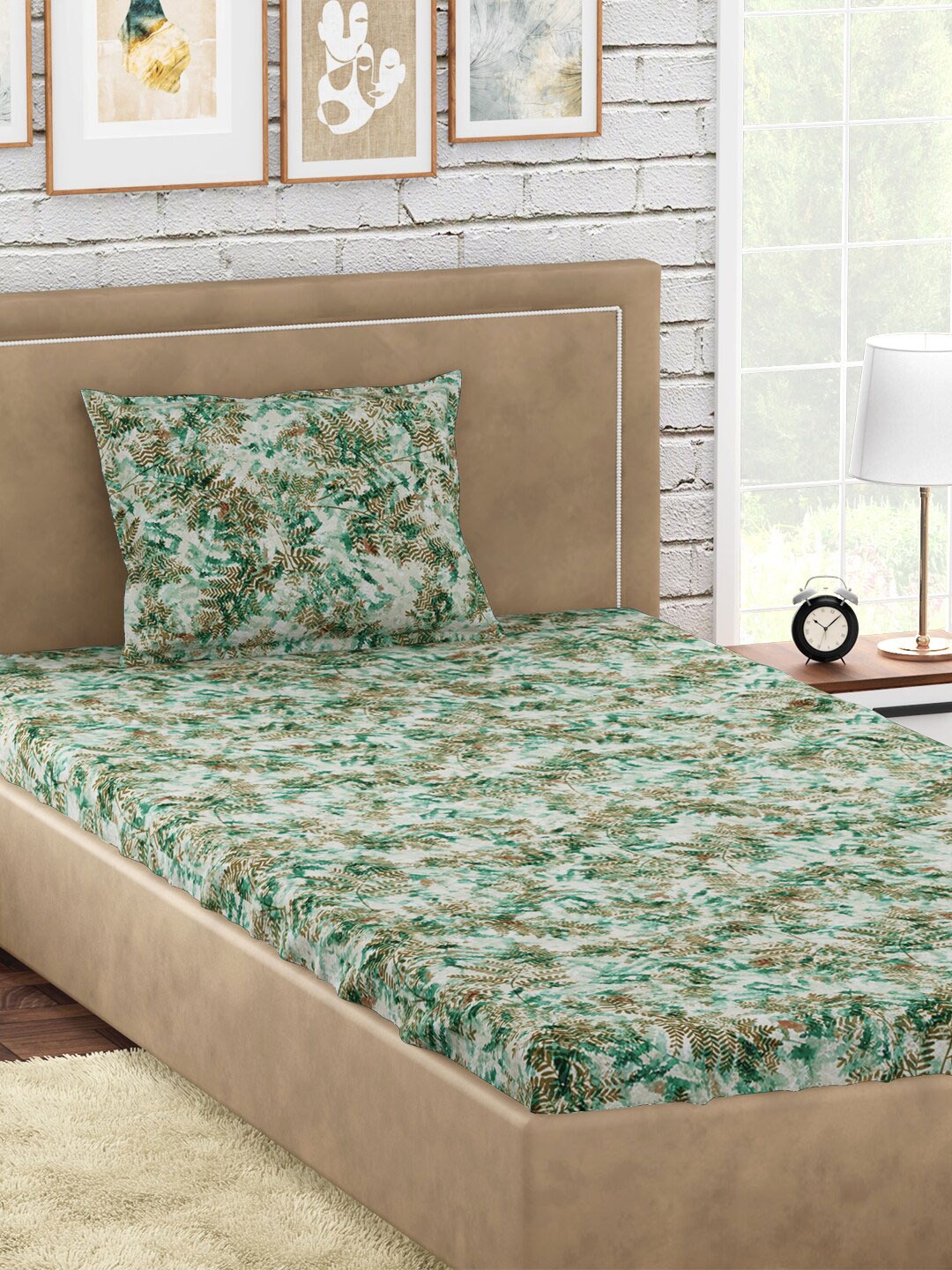 

PETAL HOME Green Fern Printed 300 TC Cotton Single Bedsheet with 1 Pillow Cover