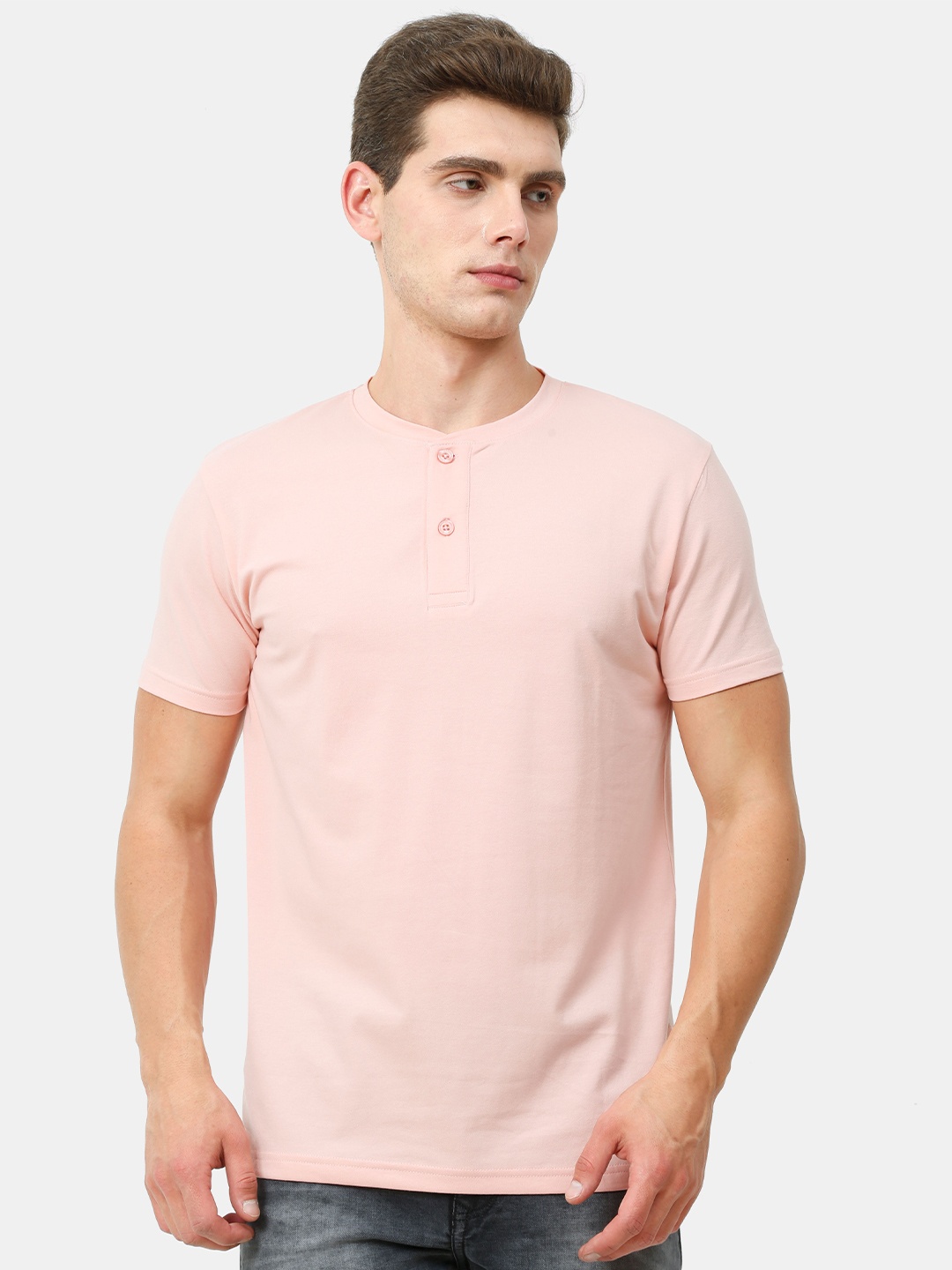 

Masculino Latino Plus Men Pink Henley Neck Cotton T-shirt