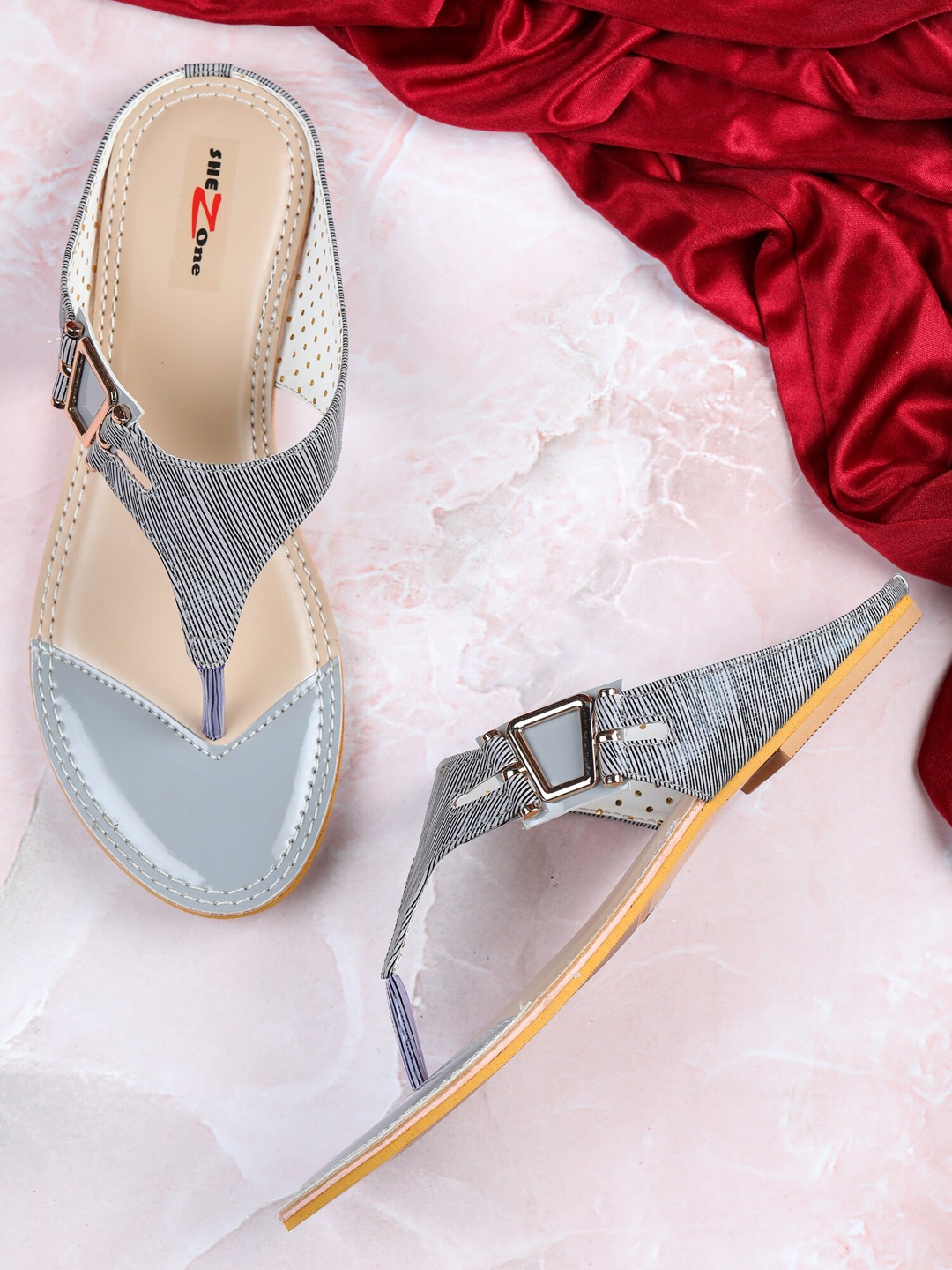 

Shezone Women Grey & Black Striped T-Strap Flats with Buckles