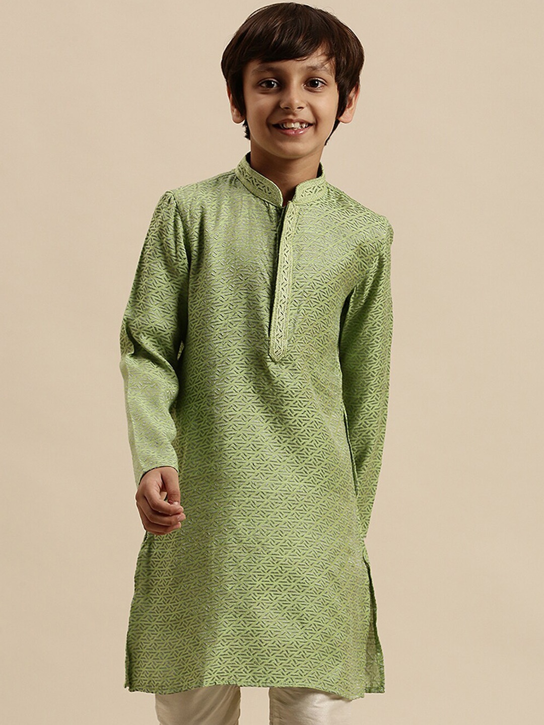 

Sanwara Boys Sage Green Woven Design Pastels Kurta