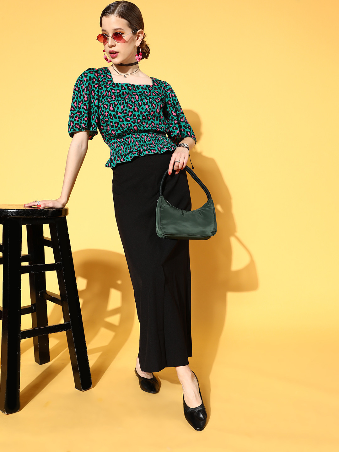 

plusS Women Gorgeous Green Animal Printed Volume Play Top