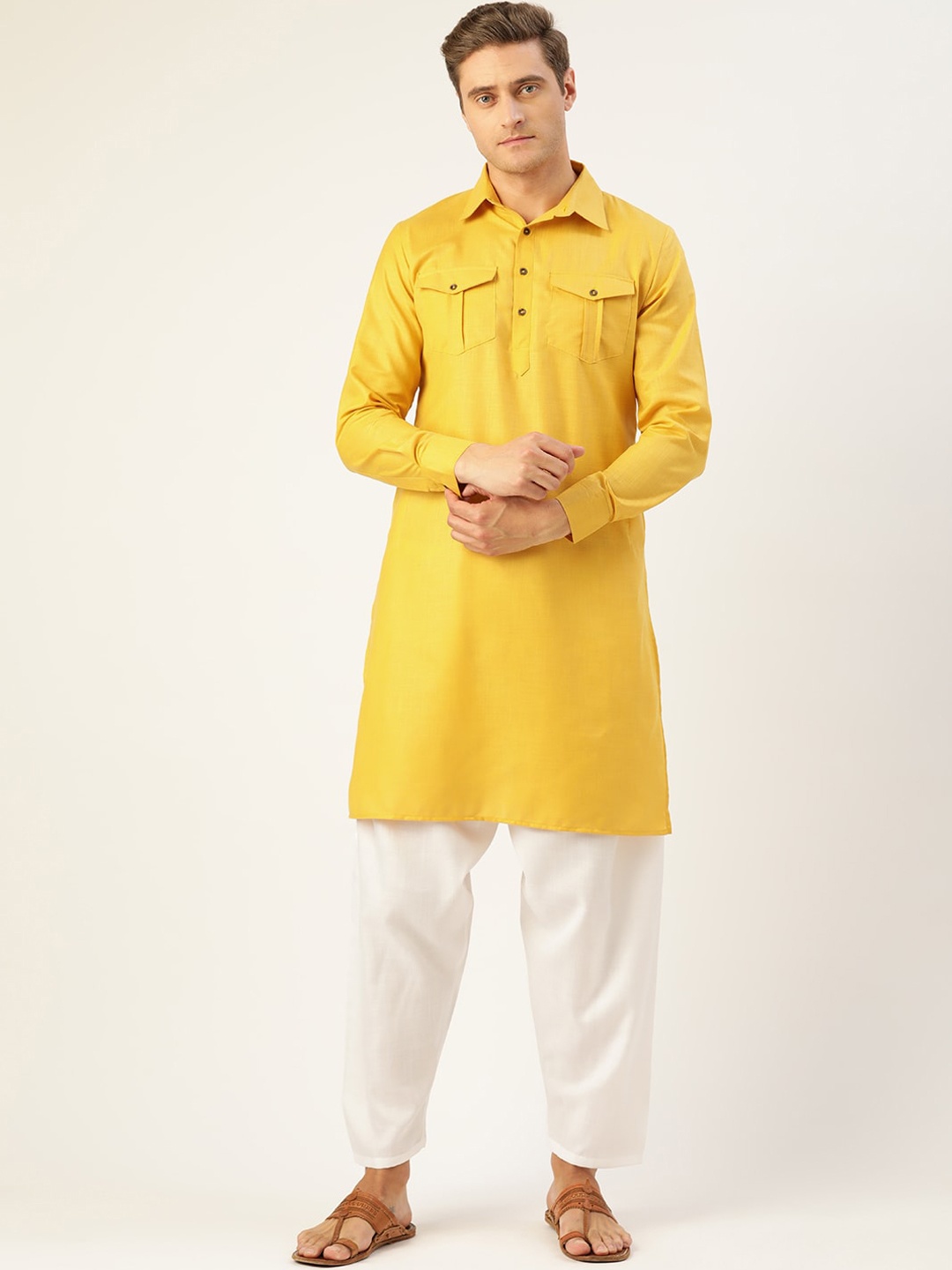 

Molly & Michel Men Mustard Yellow Cotton Pathani Kurta