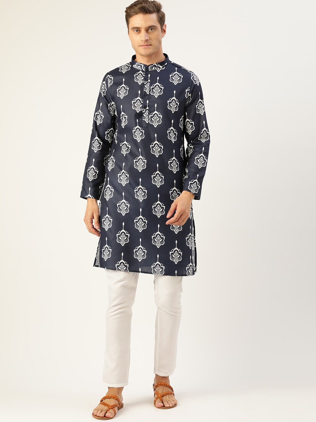

Molly & Michel Men Navy Blue Ethnic Printed Cotton Straight Kurta