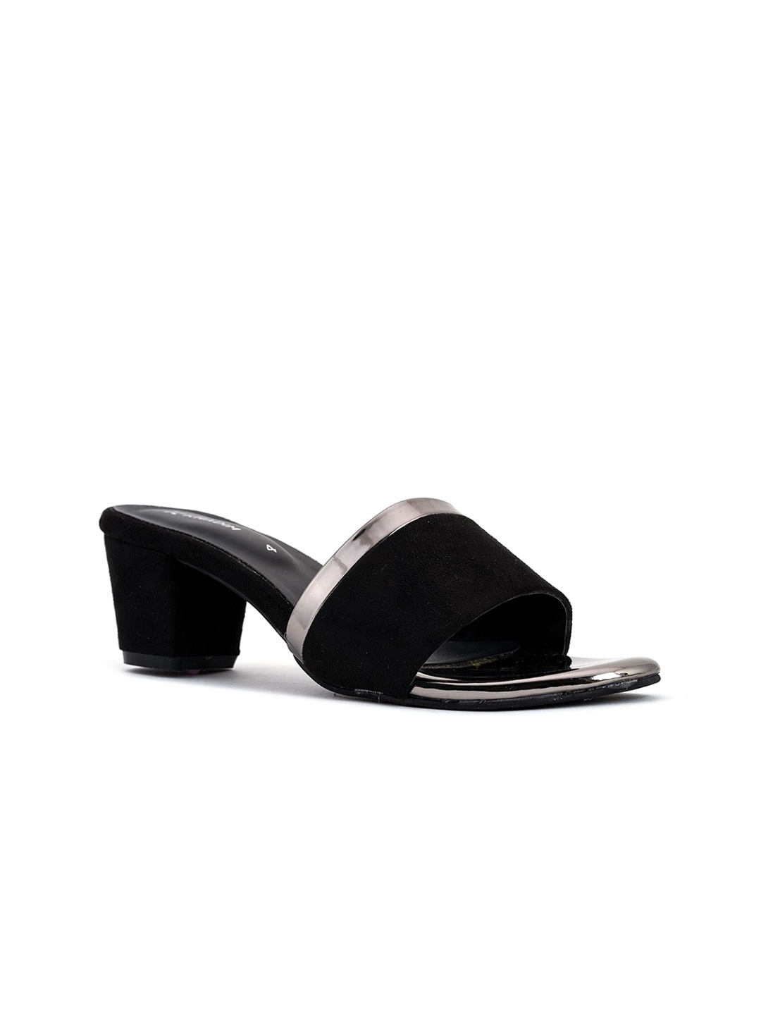 

Khadims Black & Silver-Toned Slip-On Block Heels