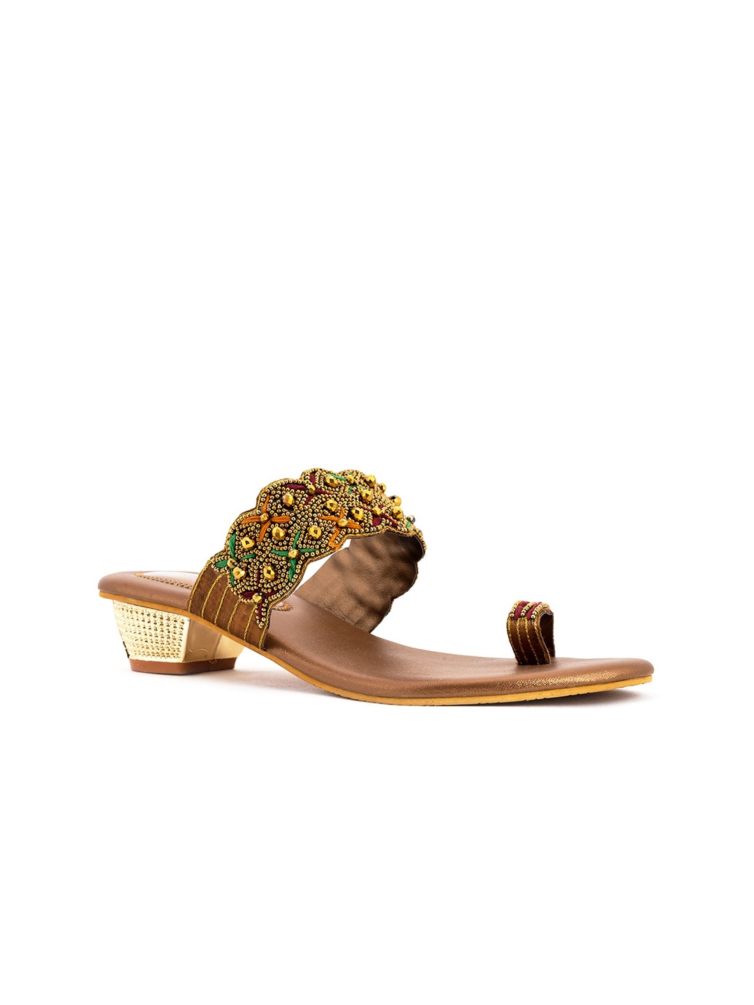 

Khadims Brown & Gold-Toned Embellished Ethnic Block Sandals