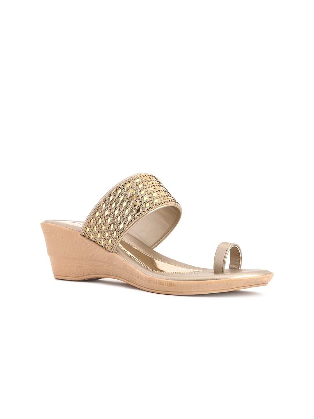 

Khadims Beige & Gold-Toned Embellished Ethnic Wedge Sandals