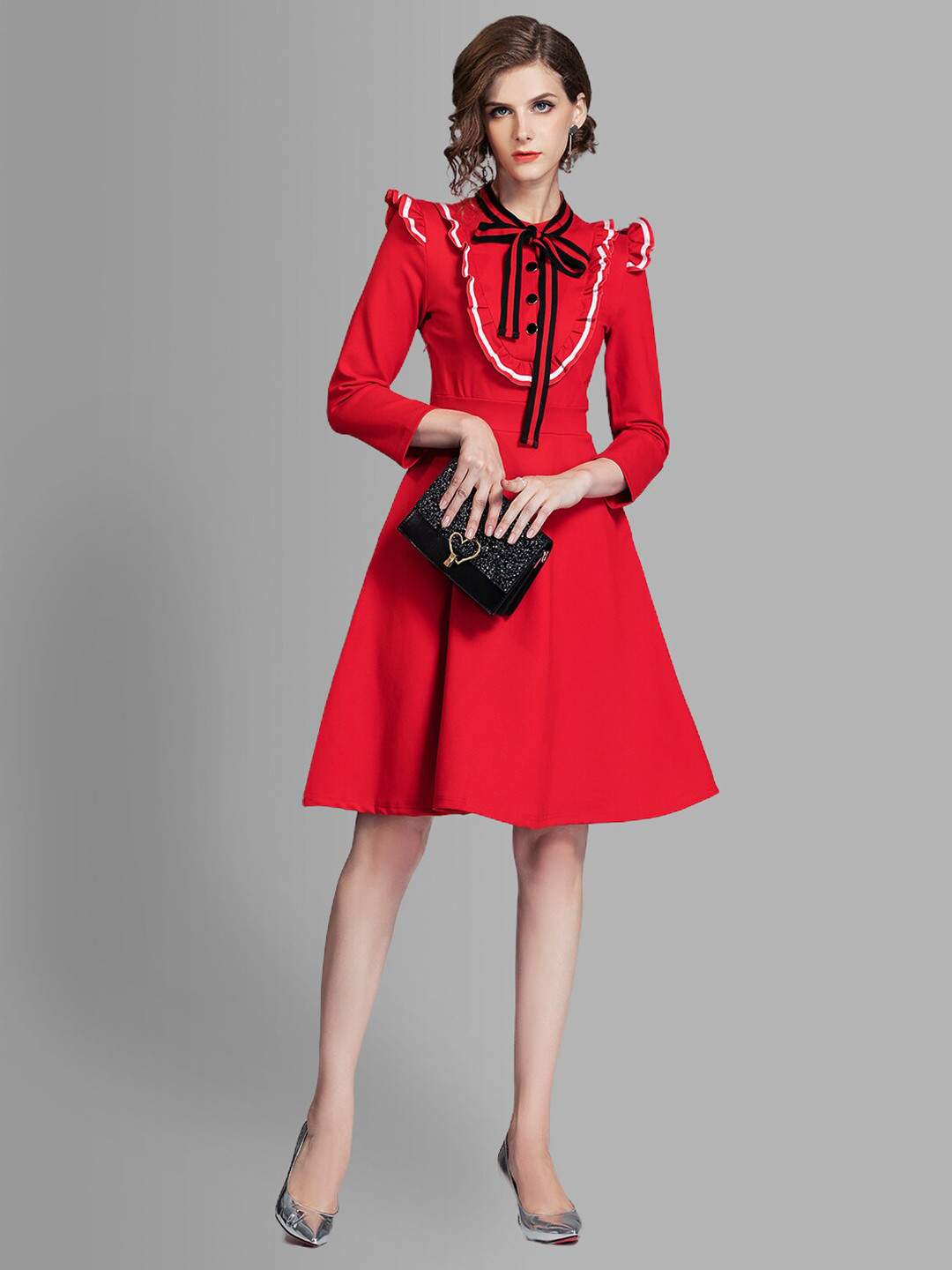 

JC Collection Women Red Tie-Up Ruffled Neck Dress