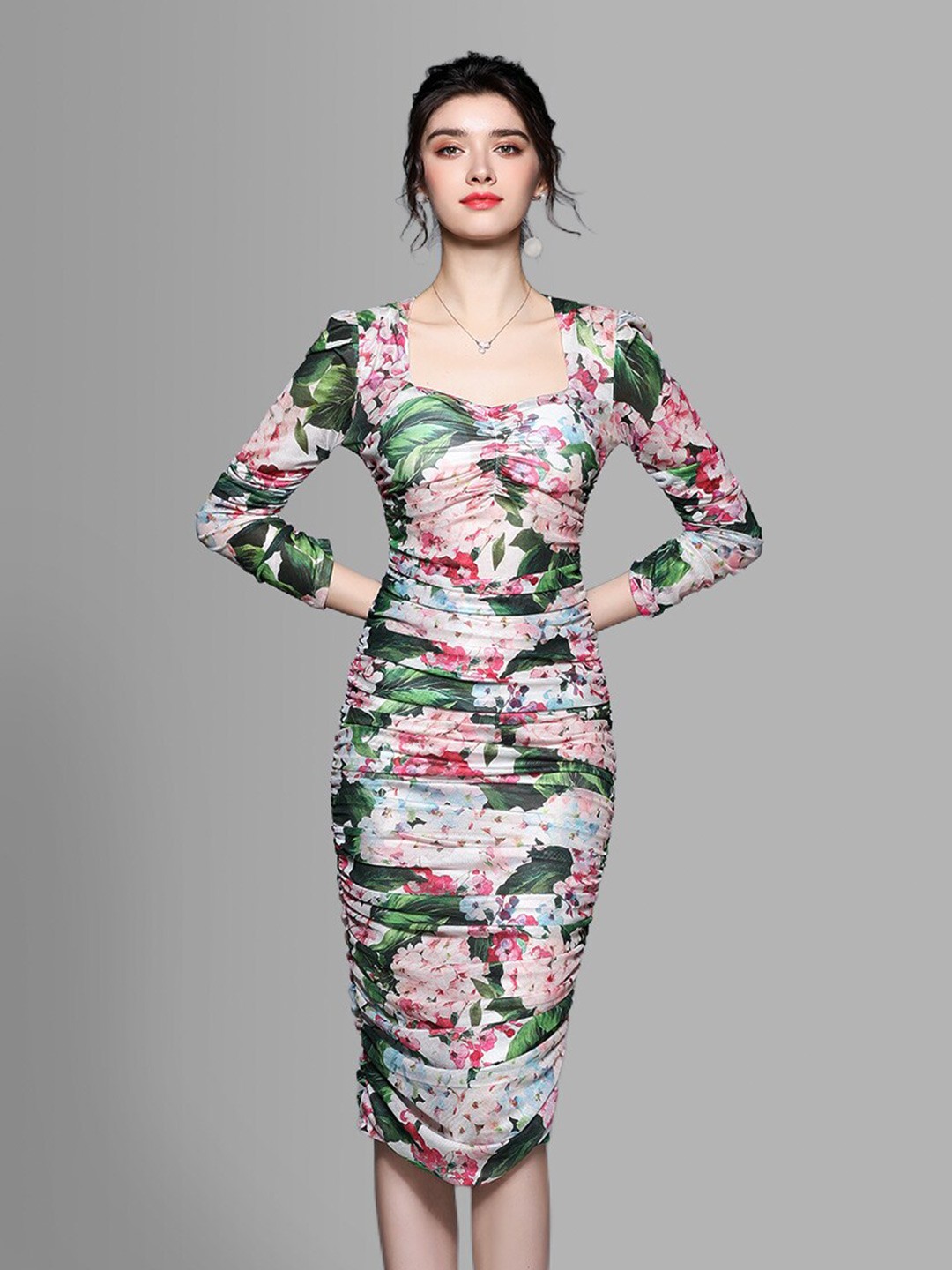 

JC Collection Women Green & Blue Floral Printed Sheath Midi Dress