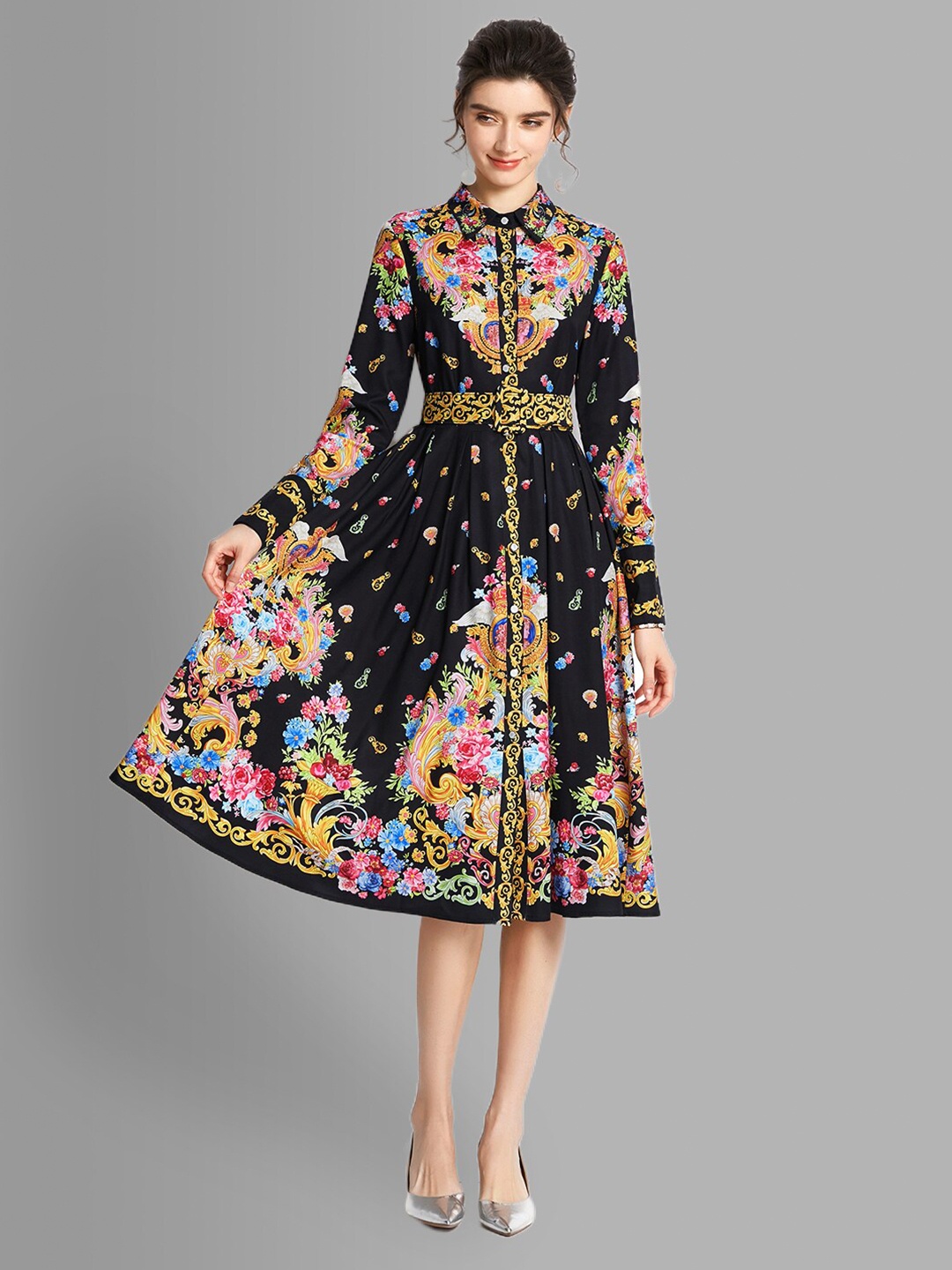 

JC Collection Women Black & Yellow Printed Midi Dress
