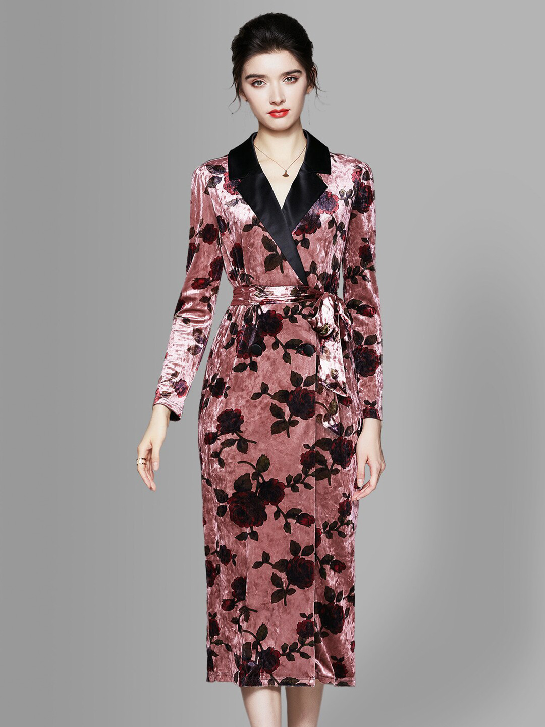 

JC Collection Women Pink & Black Floral Printed Midi Dress