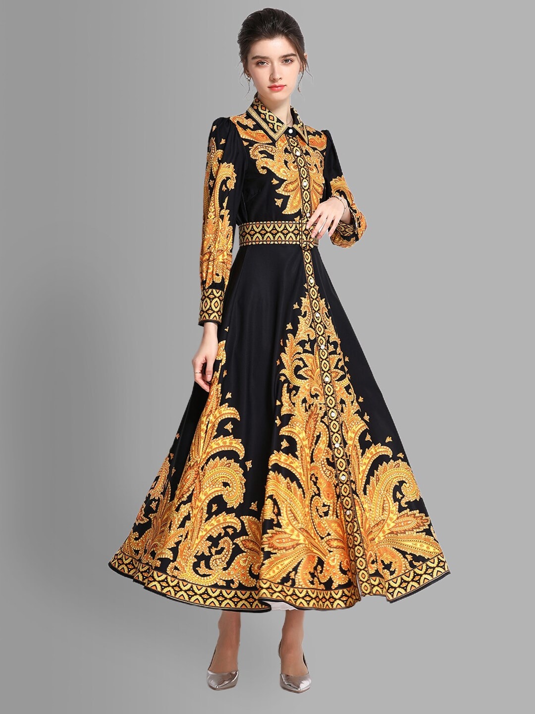 

JC Collection Women Black & Gold-Toned Ethnic Motifs Maxi Dress