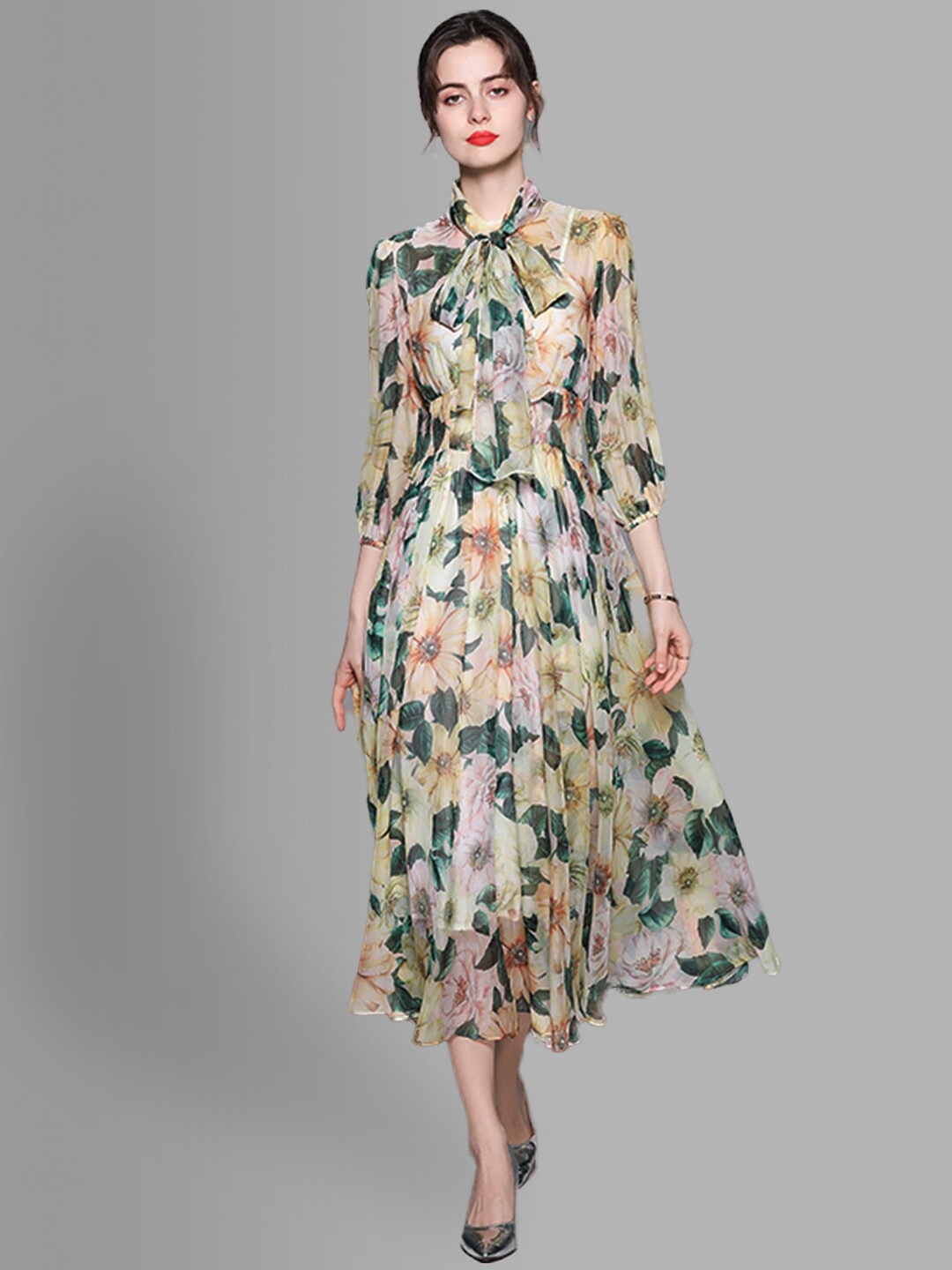 

JC Collection Yellow Floral Tie-Up Neck Midi Dress