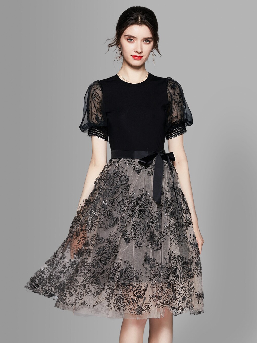 

JC Collection Women Black & Grey Floral Embroidered Dress