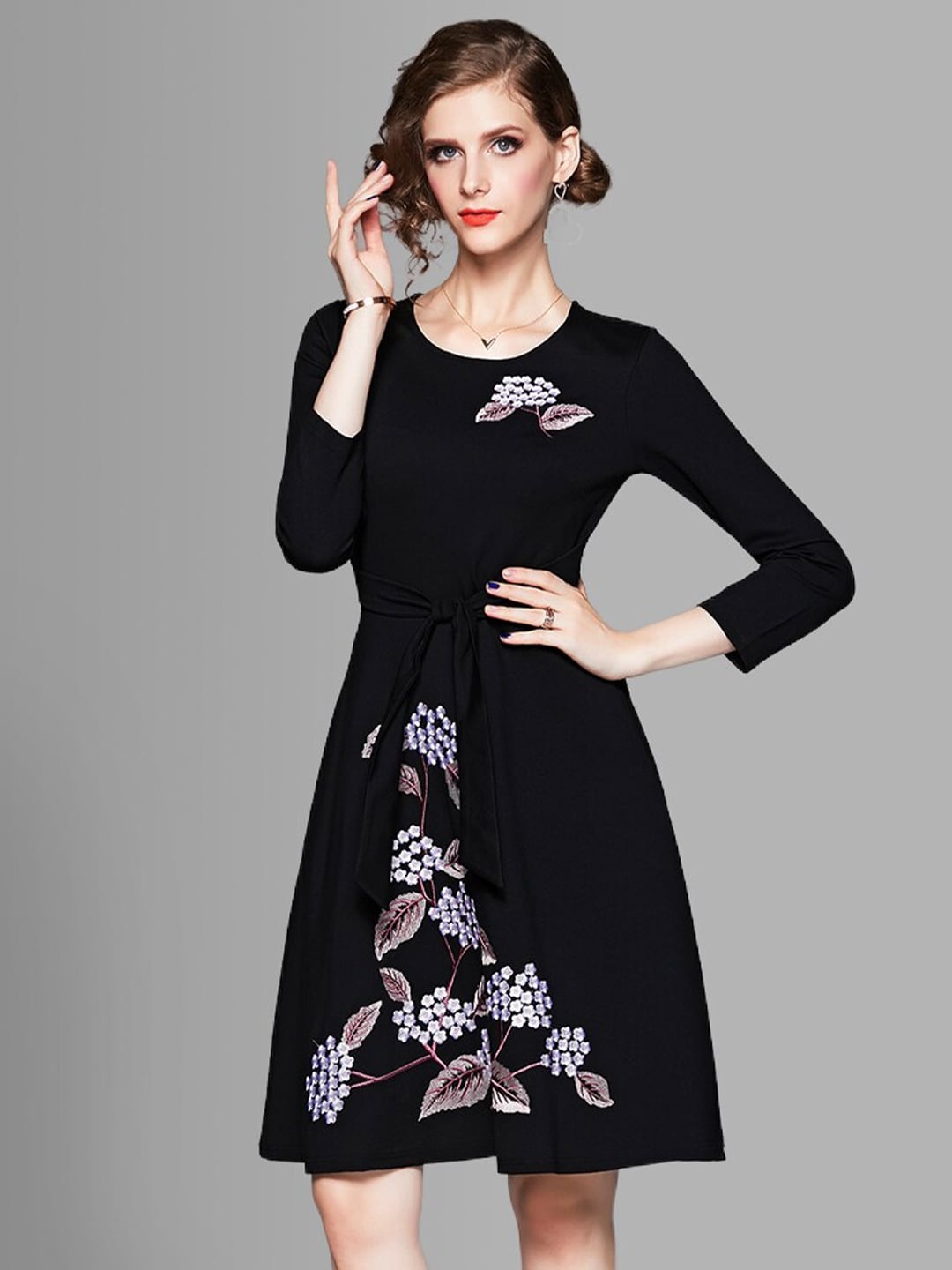 JC Collection Women Black Floral Embroidered Dress