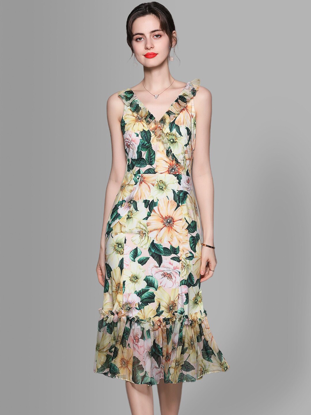 

JC Collection Women Green & Yellow Floral Sheath Midi Dress