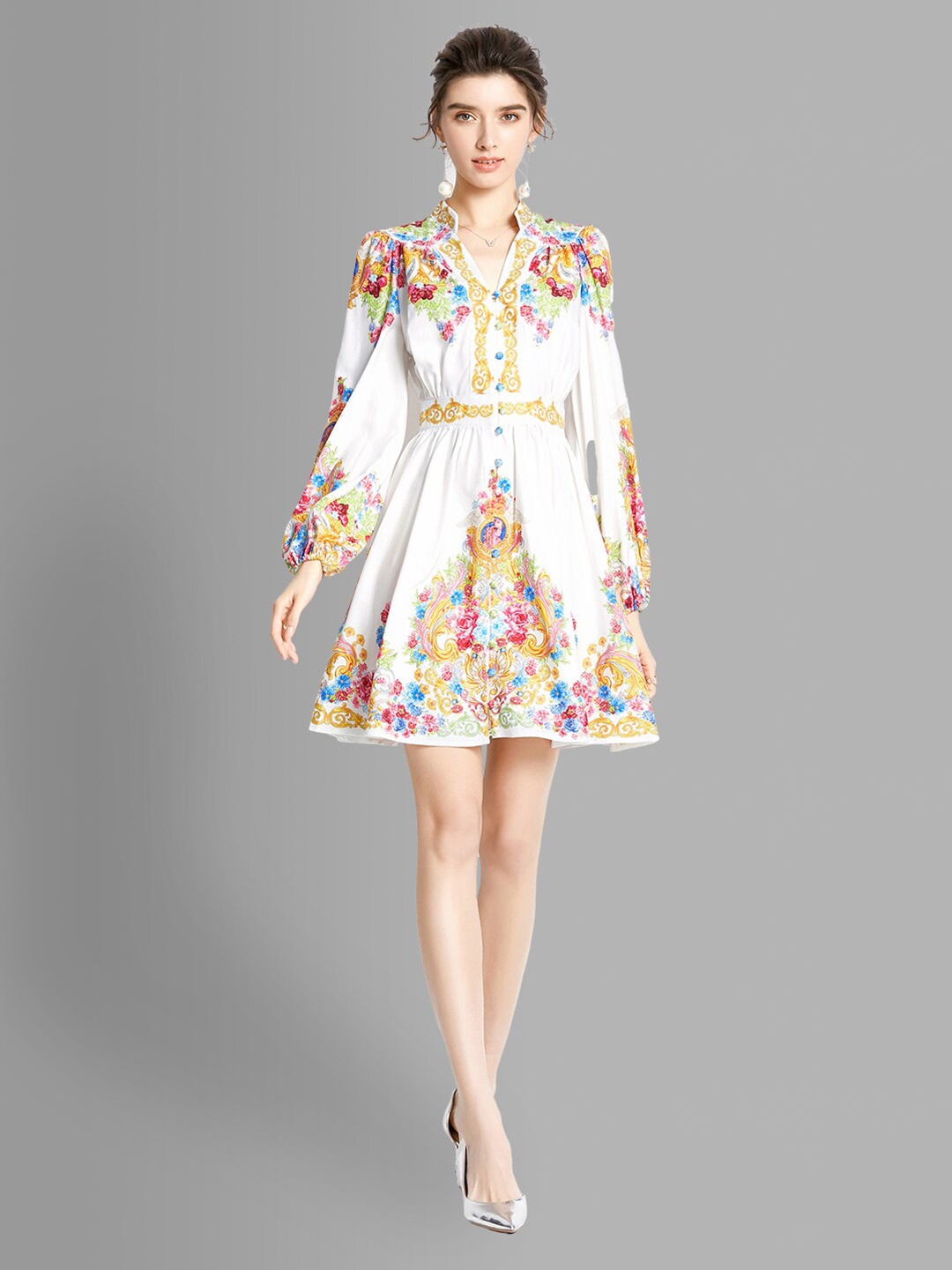 

JC Collection Women White & Yellow Printed Fit & Flare Dress