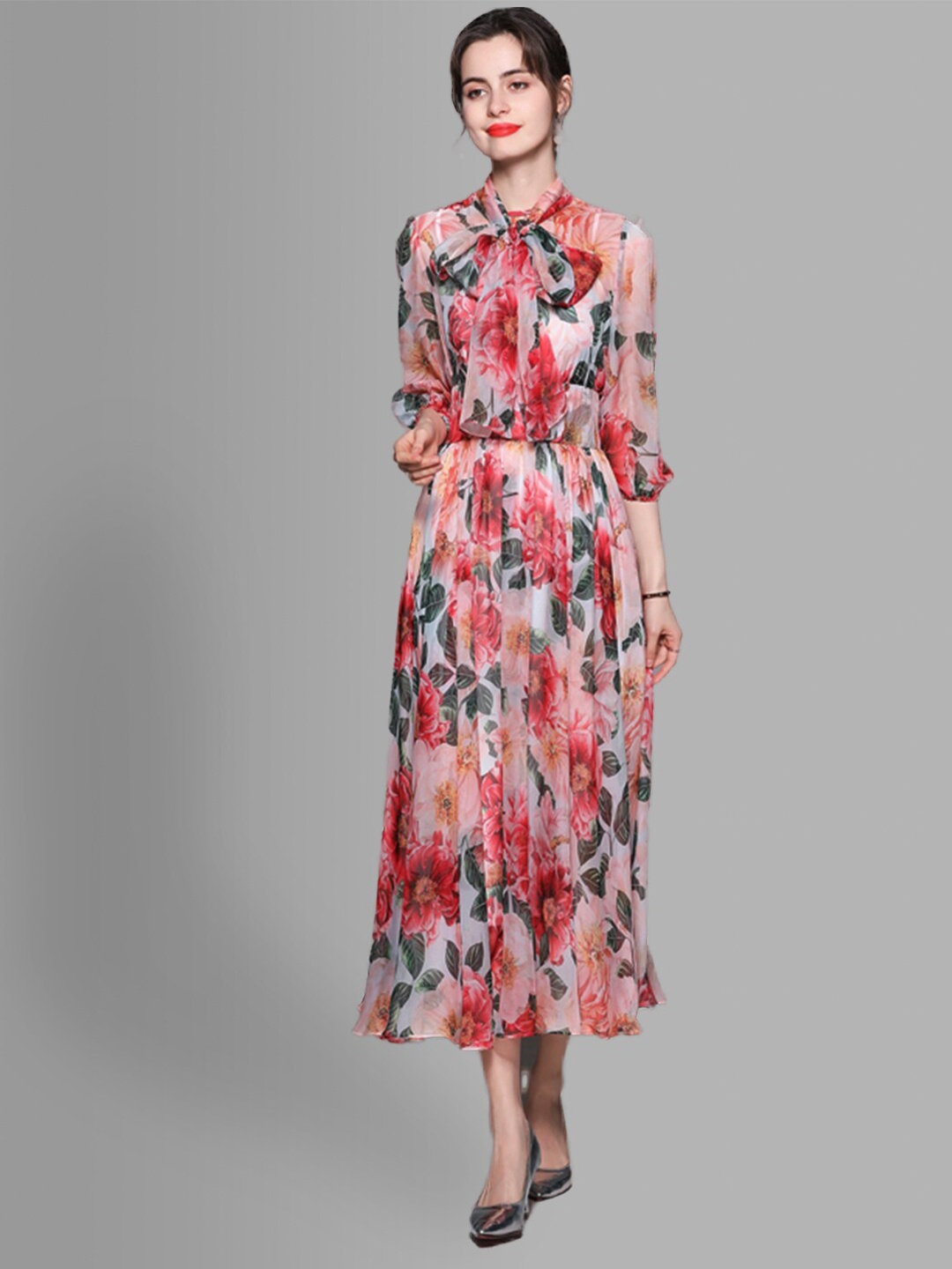 

JC Collection Pink Floral Tie-Up Neck Midi Dress