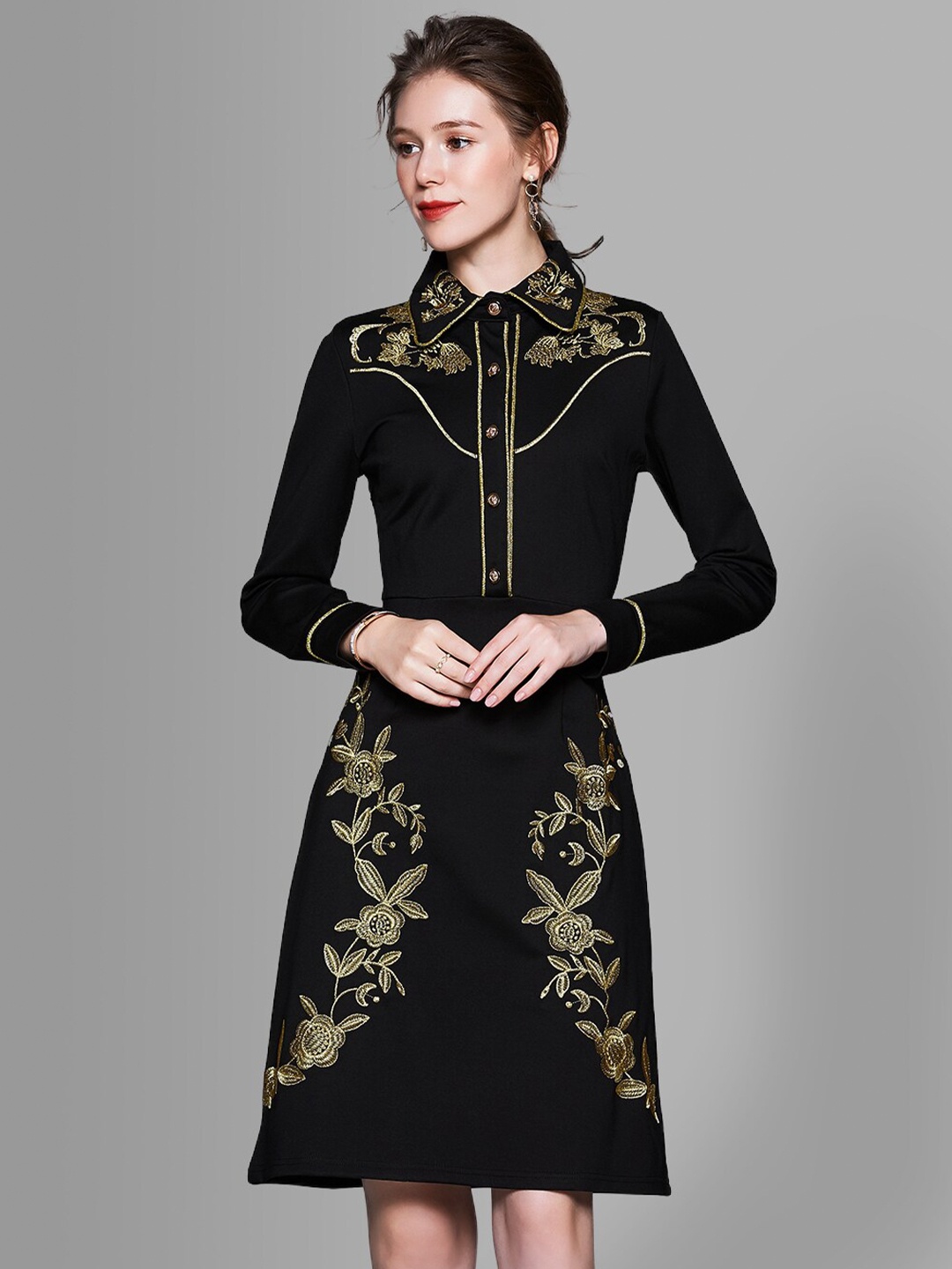 

JC Collection Women Black & Gold-Toned Floral Embroidered A-Line Dress