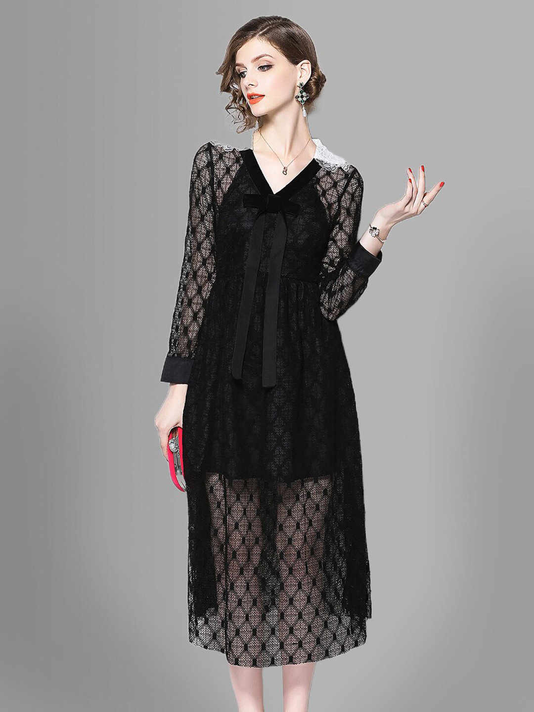 

JC Collection Women Black Self Design A-Line Midi Dress