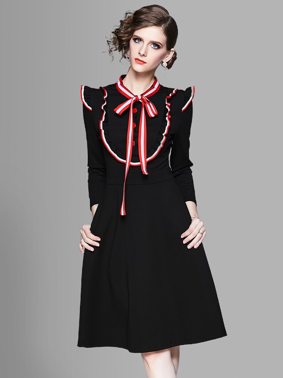 

JC Collection Black Tie-Up Neck A-Line Dress