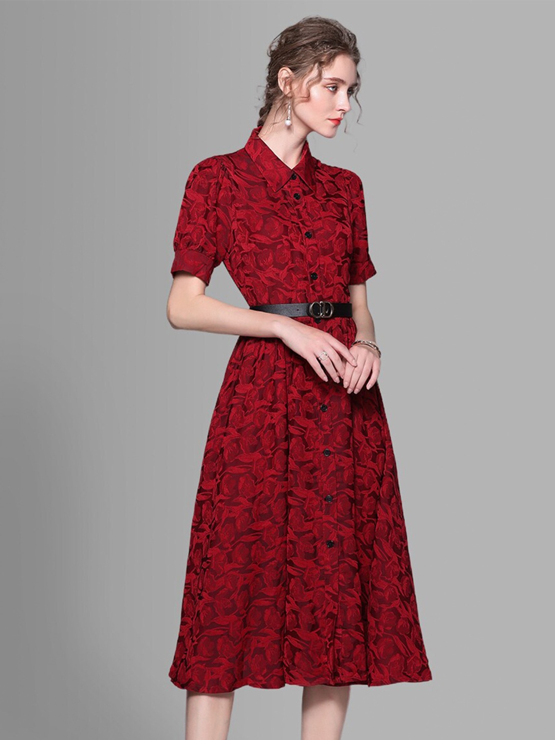 

JC Collection Women Red & Black Floral Printed Shirt Midi Dress