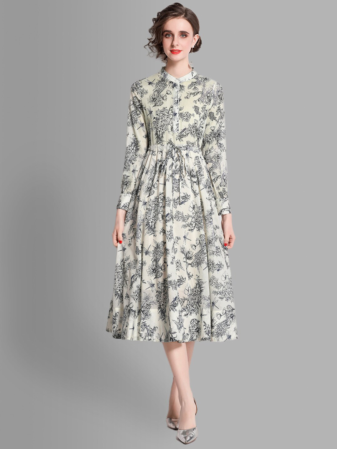 

JC Collection Women Off White & Grey Printed Midi Dress