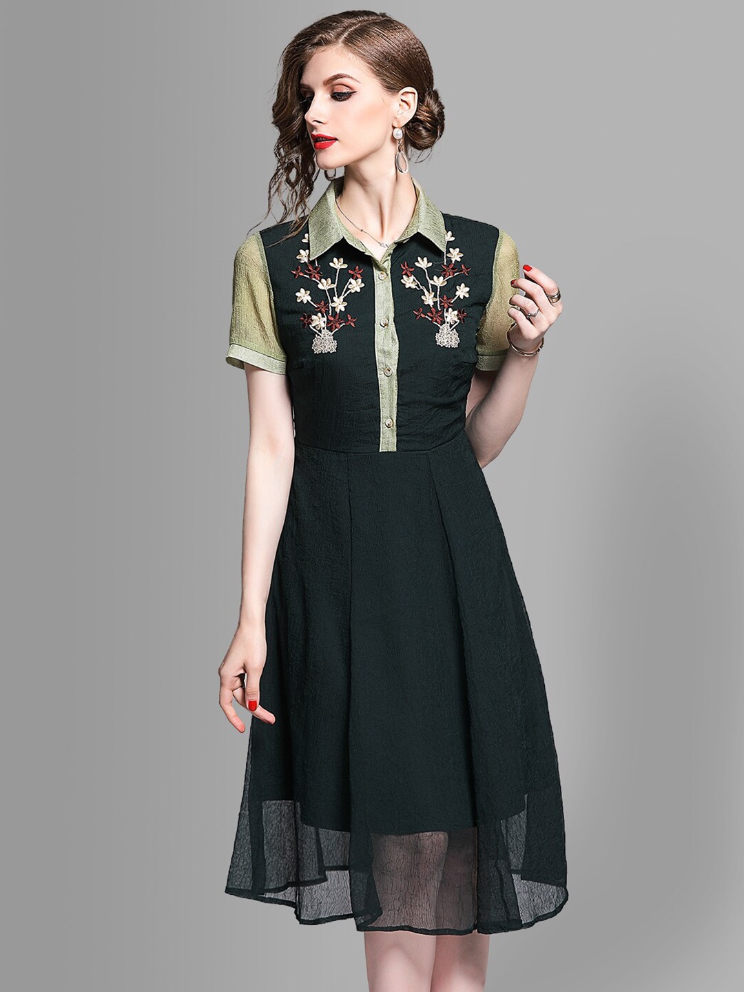 

JC Collection Women Green Embroidered Midi Dress
