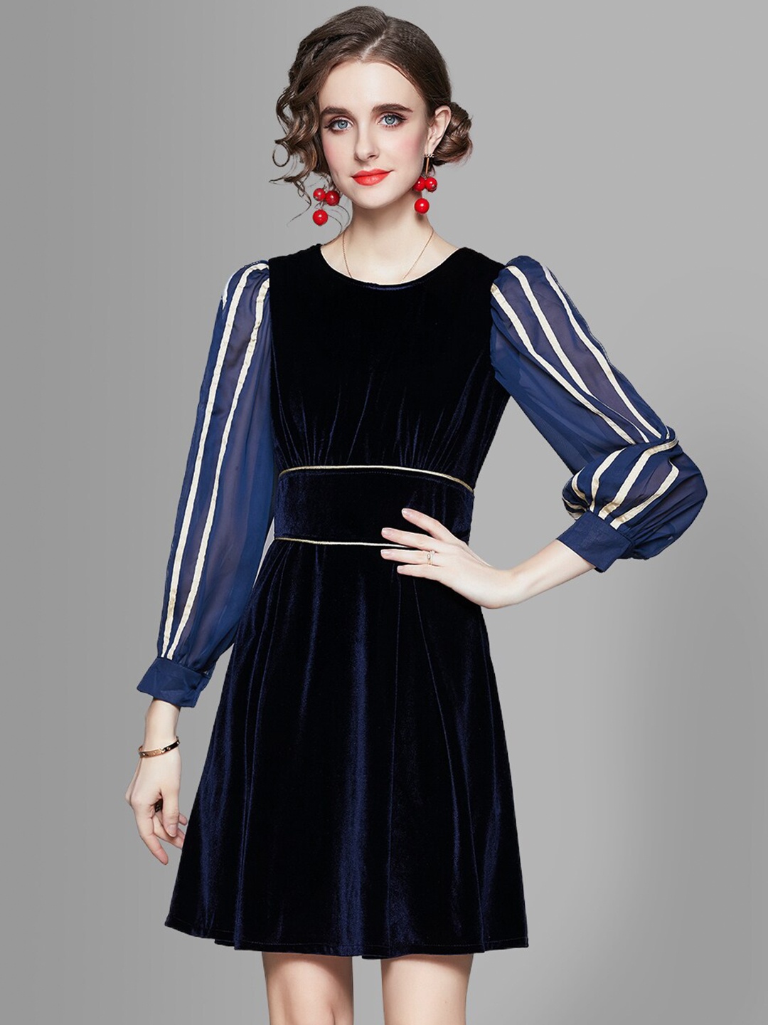 

JC Collection Women Navy Blue & Gold-Toned Fit & Flare Dress