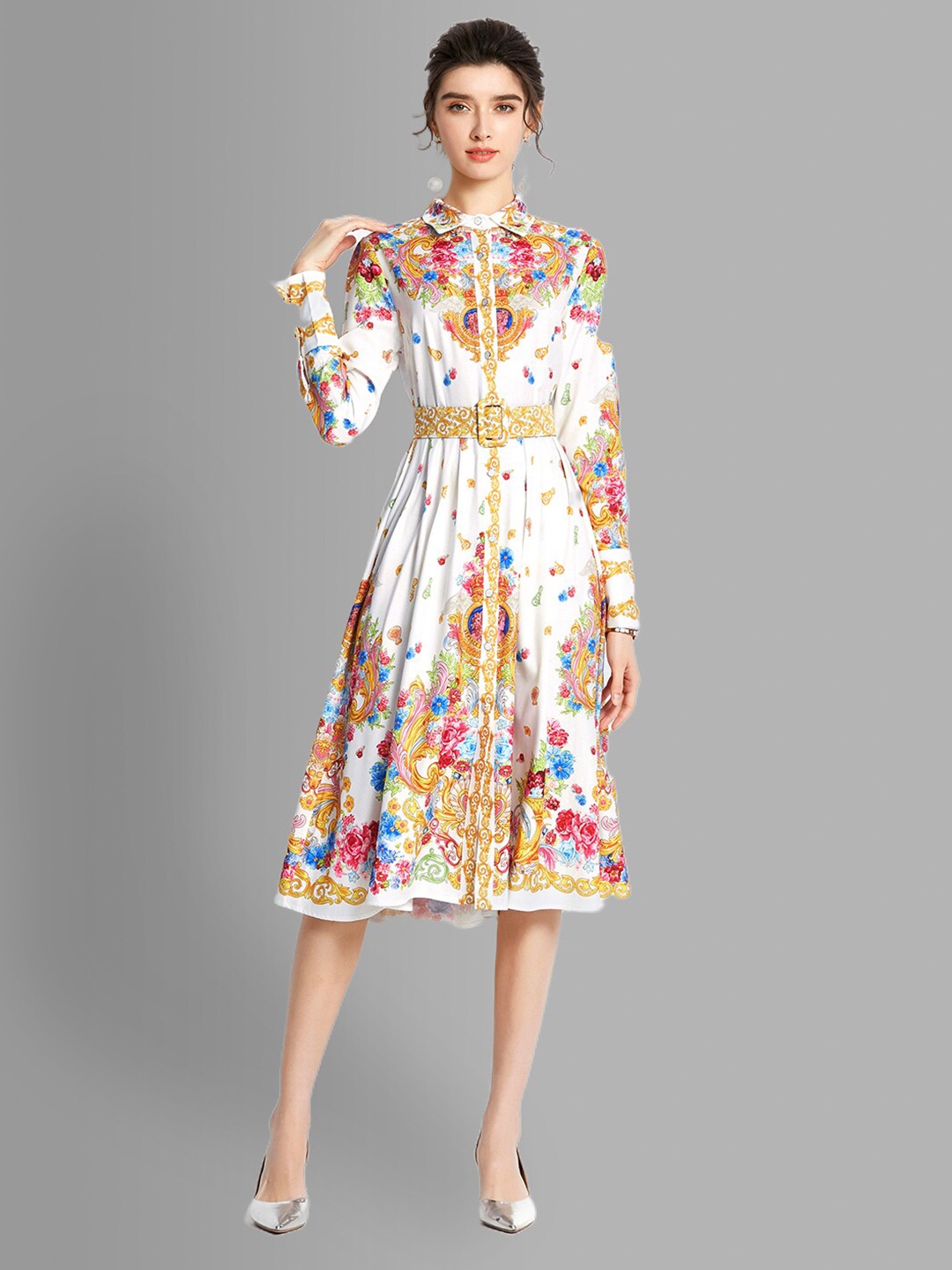 

JC Collection Women White & Gold-Toned Printed Midi Dress