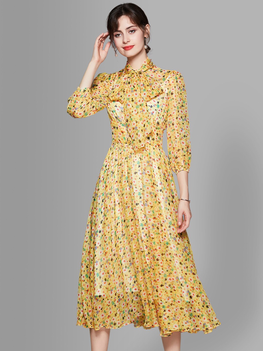 

JC Collection Women Yellow & Red Floral Tie-Up Neck Midi Dress
