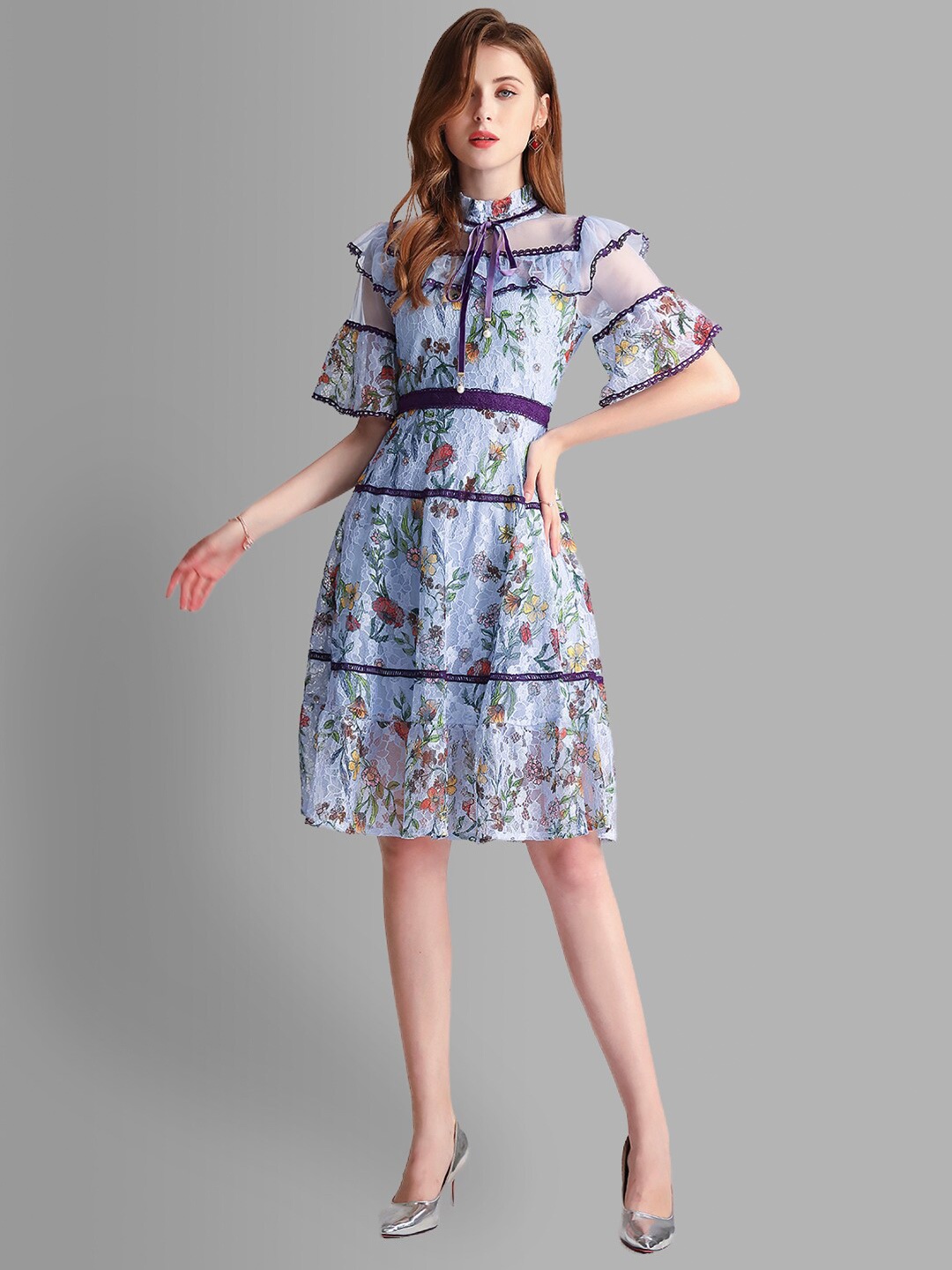 

JC Collection Women Blue & Purple Floral Tie-Up Neck Dress