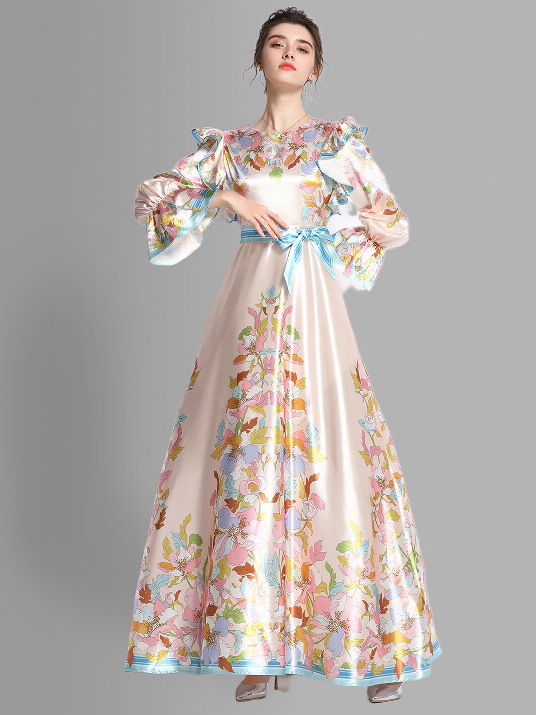 

JC Collection Women Peach-Coloured & Blue Floral Printed Maxi Dress
