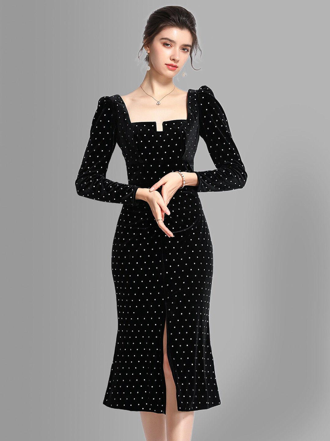 

JC Collection Black Embellished Sheath Midi Dress
