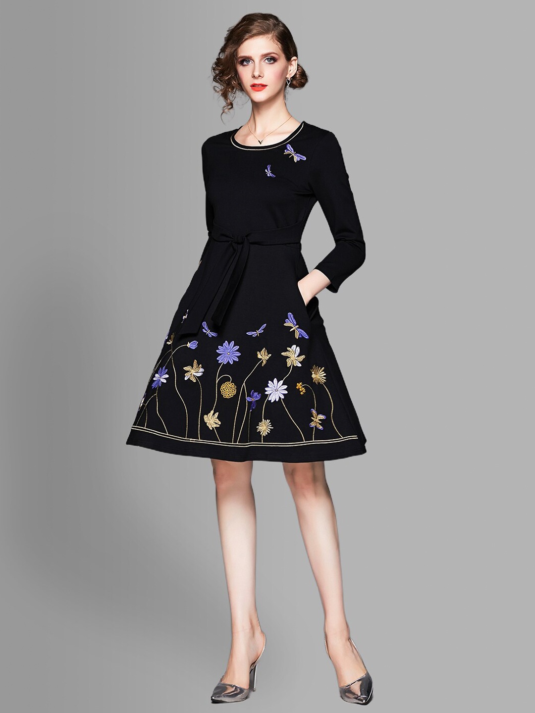 

JC Collection Women Black Floral Embroidered Fit & Flare Dress