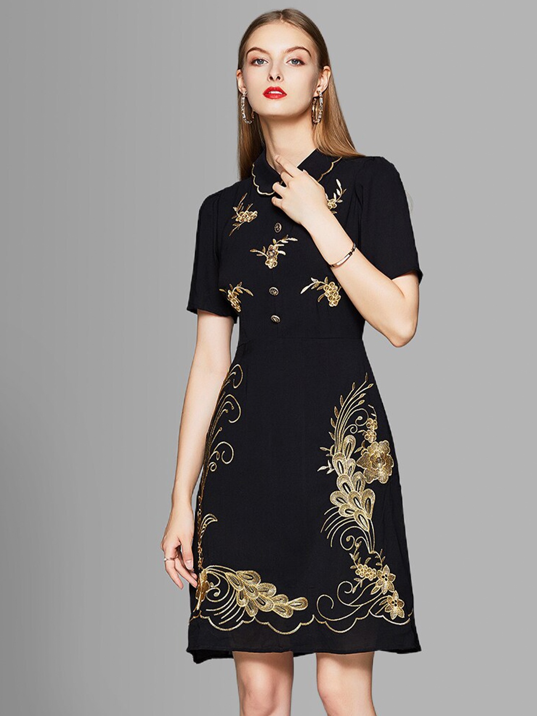 

JC Collection Black Floral Embroidered A-Line Dress