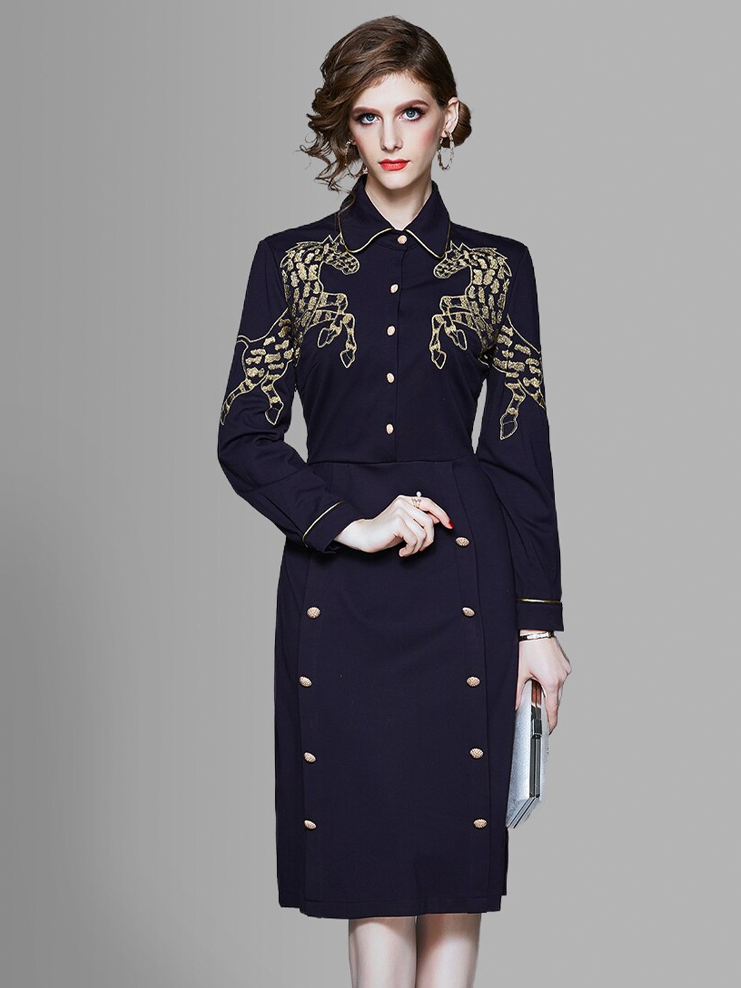 

JC Collection Women Navy Blue & Gold-Toned Embroidered Sheath Midi Dress