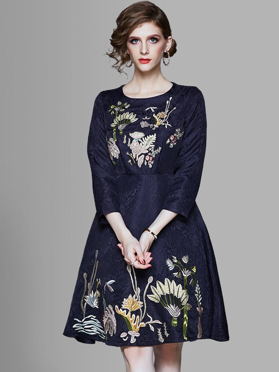 

JC Collection Women Navy Blue Floral Embroidered Fit & Flare Dress