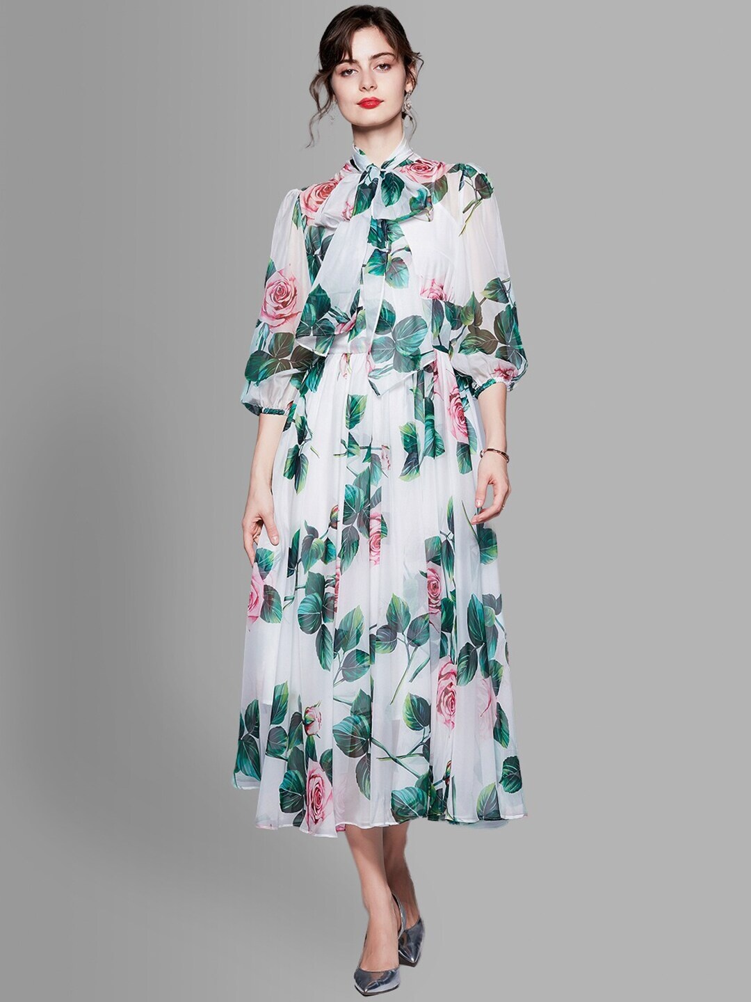 

JC Collection women White & Green Floral Printed Midi Dress