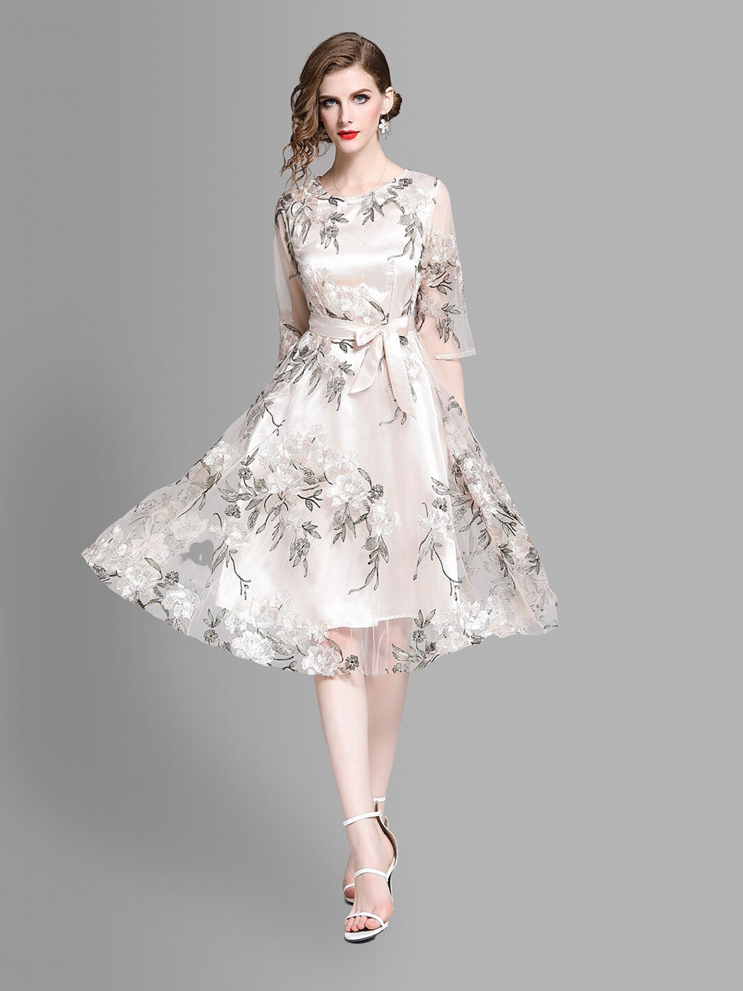 

JC Collection Women Peach-Coloured & Black Floral Embroidered Midi Dress