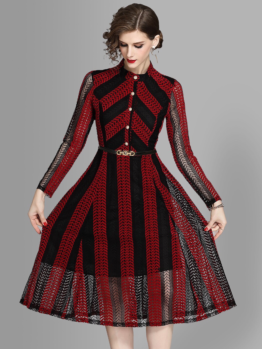 

JC Collection Women Red & Black Knitted Striped Midi Dress