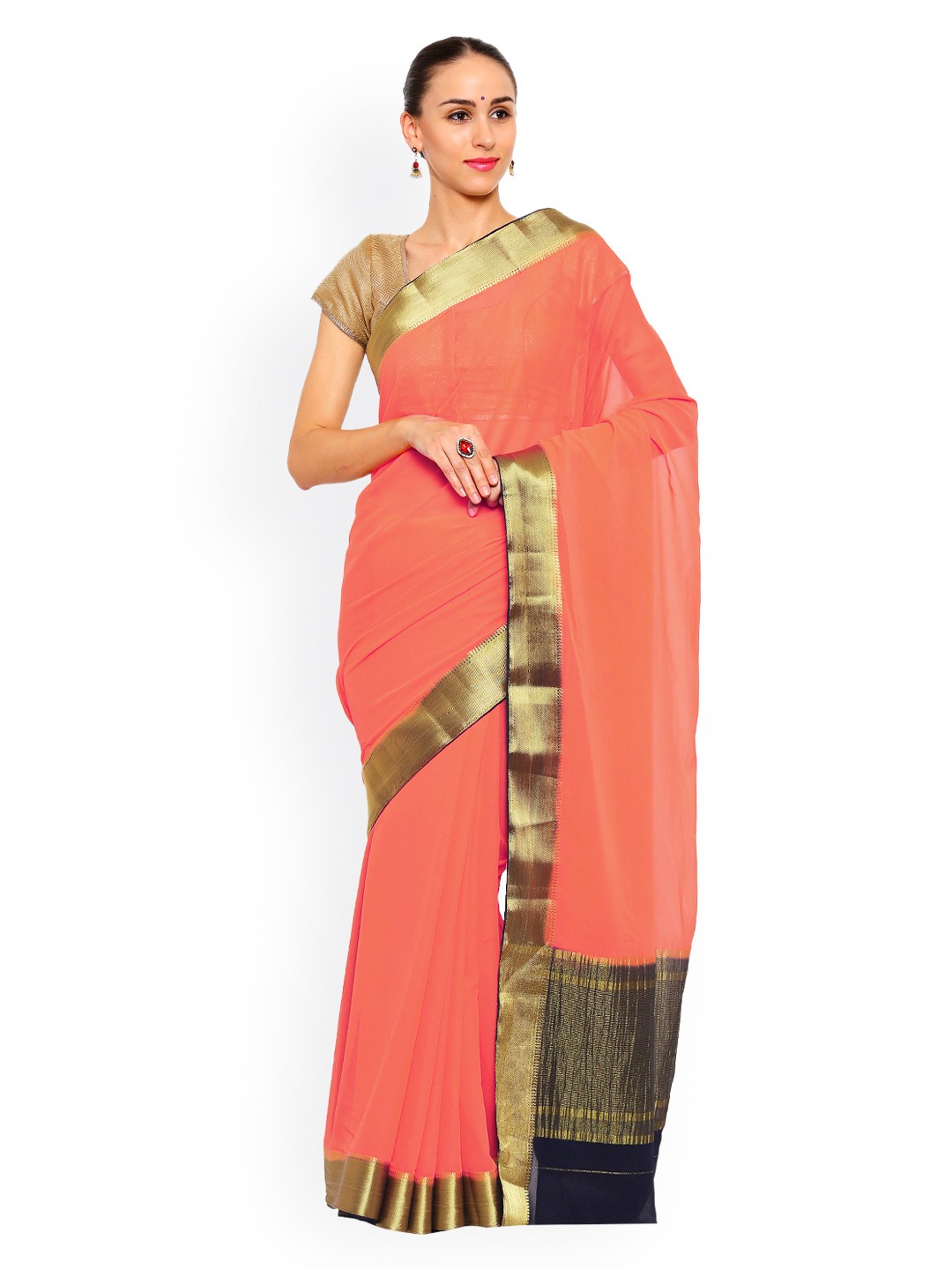 

Mimosa Peach-Coloured Kanjeevaram Art Silk & Chiffon Traditional Saree