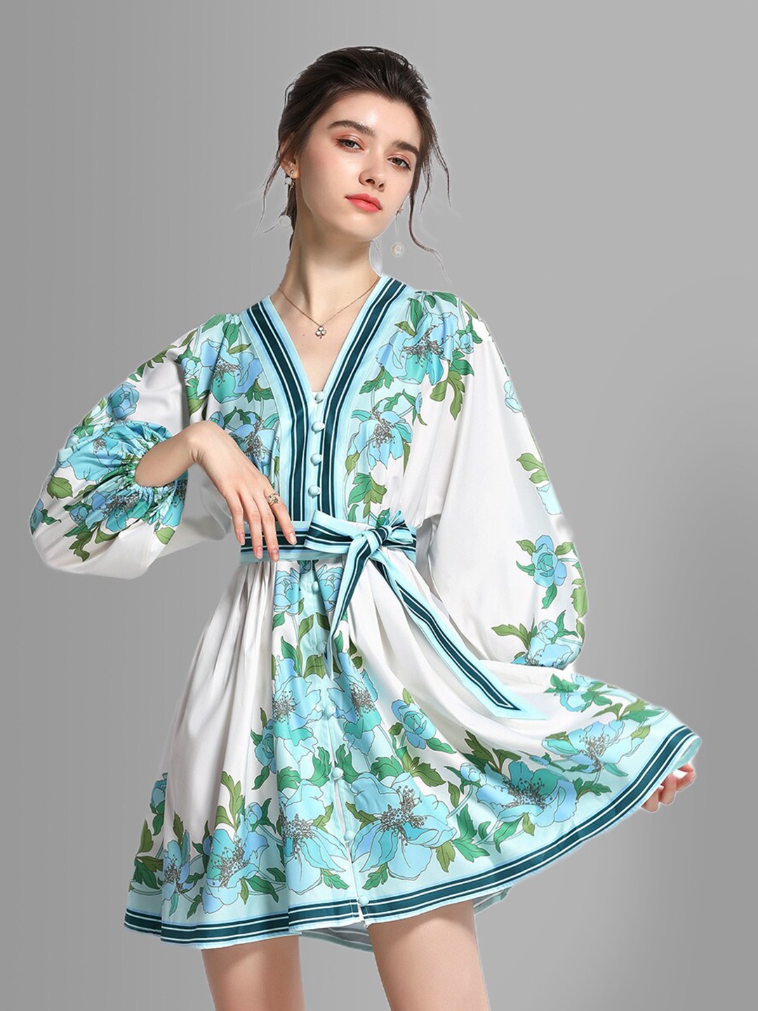 

JC Collection Women White & Blue Tropical A-Line Dress