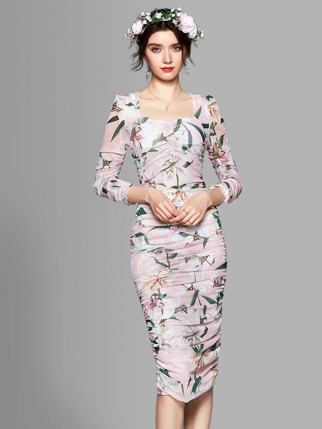 

JC Collection Pink & Green Floral Printed Ruched Sheath Midi Dress