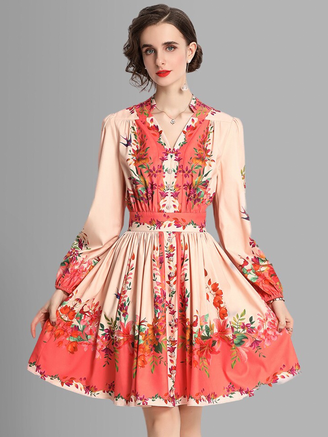 

JC Collection Peach-Coloured & Green Floral Printed Dress