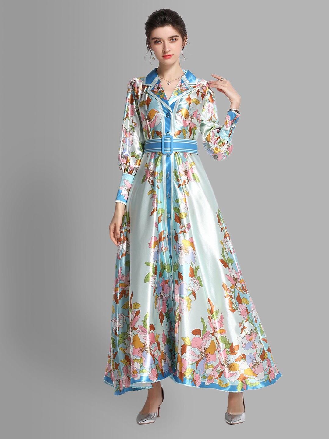 

JC Collection Blue & Green Floral Belted Shirt Maxi Dress